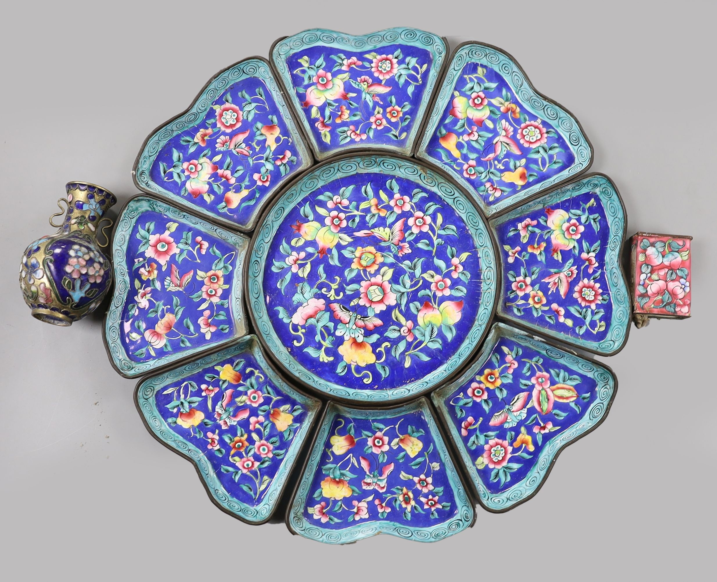 A Canton enamel hors d’oevres set,14cm, and two other items